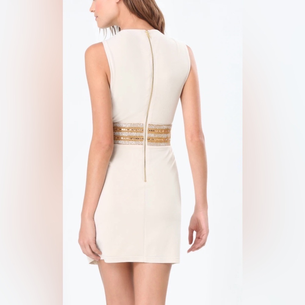 bebe ivory embellished Jewel Waist asym Plunge deep v top dress S - Picture 12 of 13